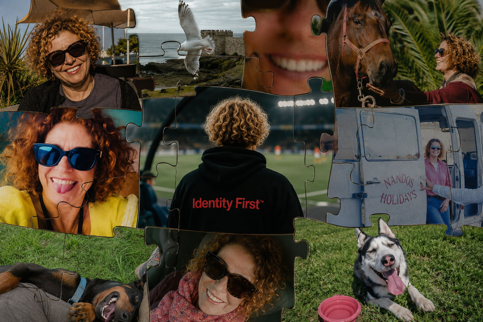 Collage personale a forma di puzzle con momenti di vita, viaggio, animali e Identity First.